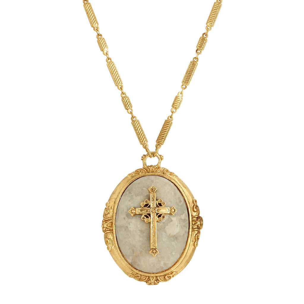 14K Gold Dipped Oval Riverstone Cross Pendant Necklace 30 Inch