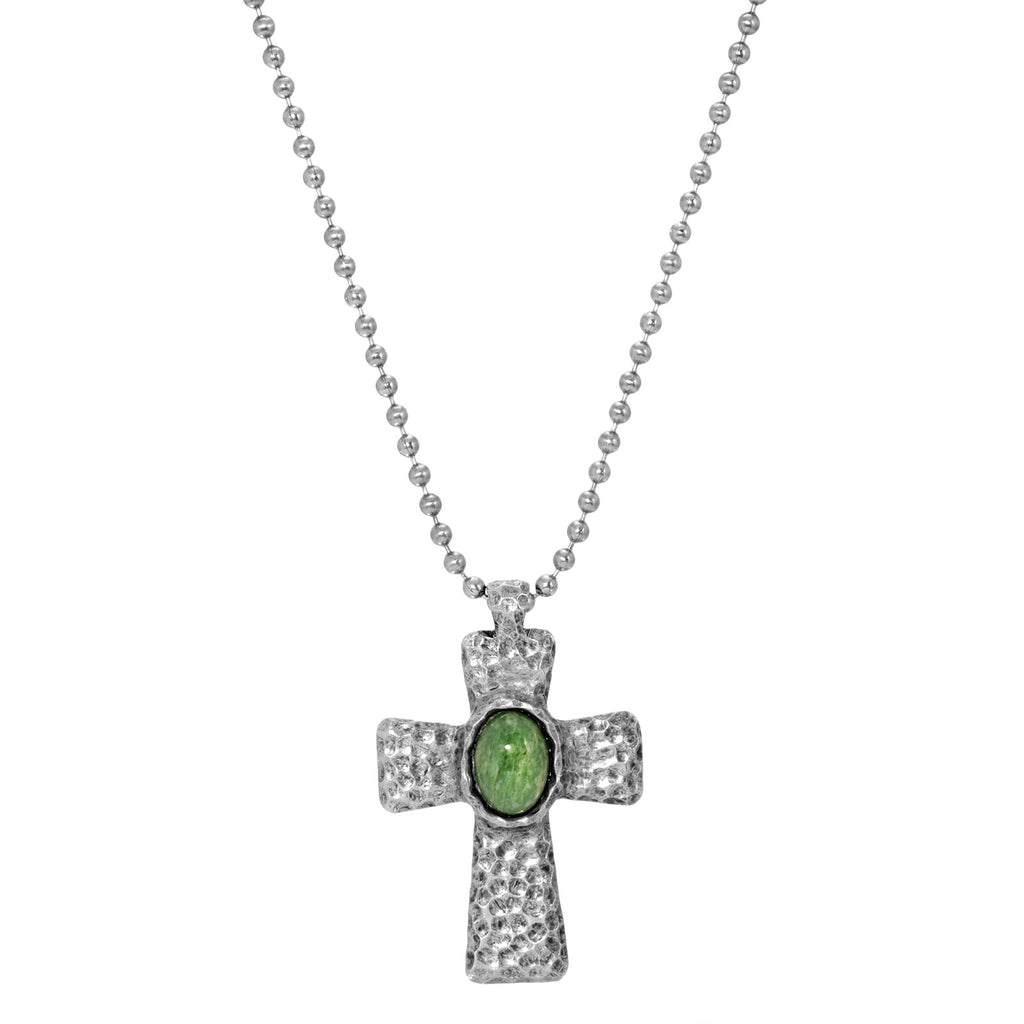 Antiqued Hammered Metal Cross With Oval Gemstone Necklace 22 Inch