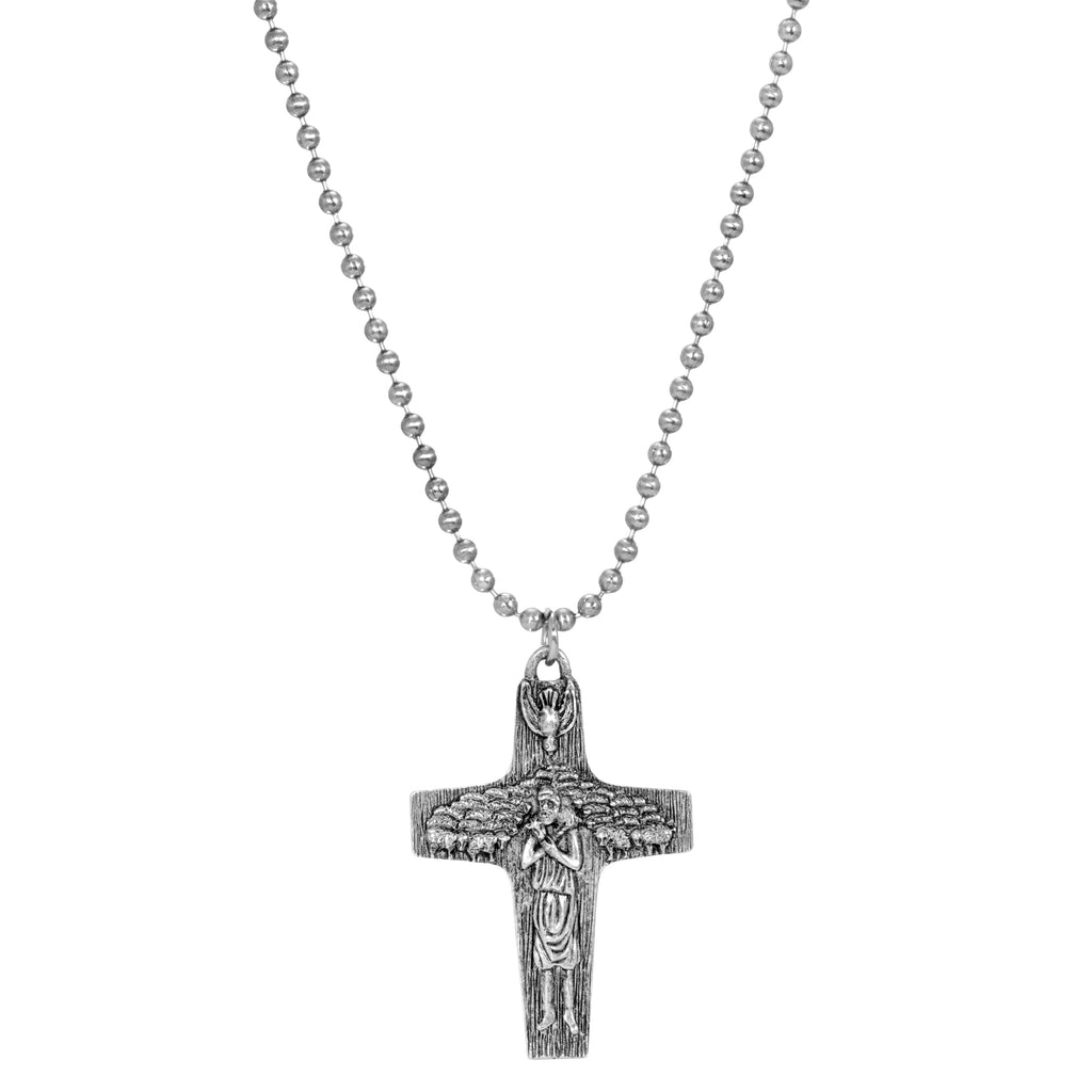 Shepherd with Flock of Sheep Pewter Cross Necklace 22 Inches