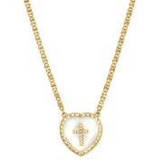 Gold Tone Mother of Pearl Heart Shaped with Cross Necklace 16 - 19 Inch Adjustable