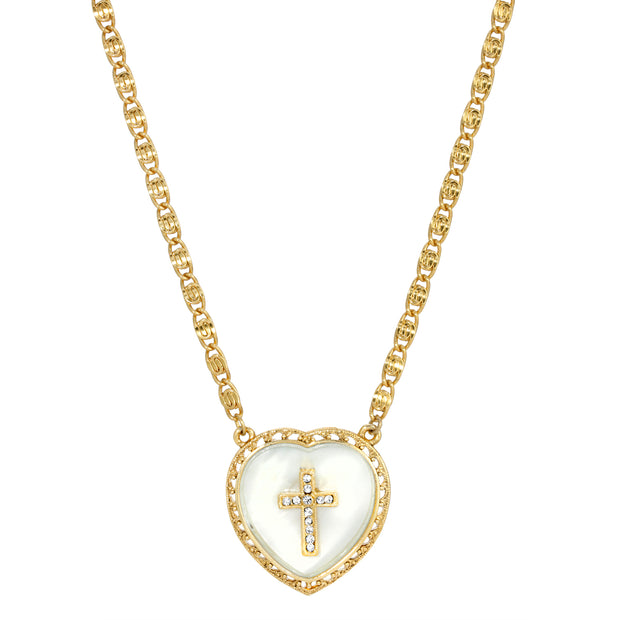 Gold Tone Mother of Pearl Heart Shaped with Cross Necklace 16 - 19 Inch Adjustable