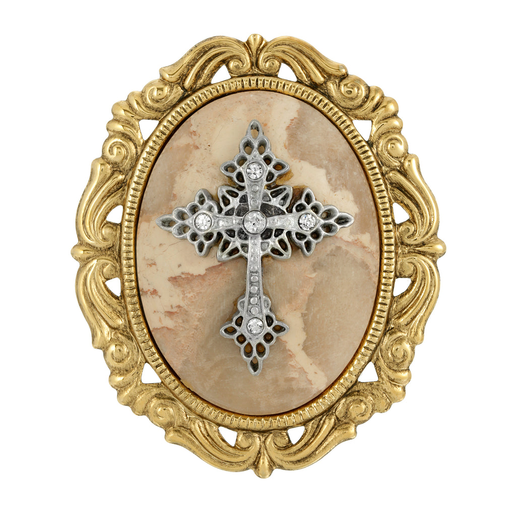 14K Gold Dipped Oval Pendant with Cross Brooch