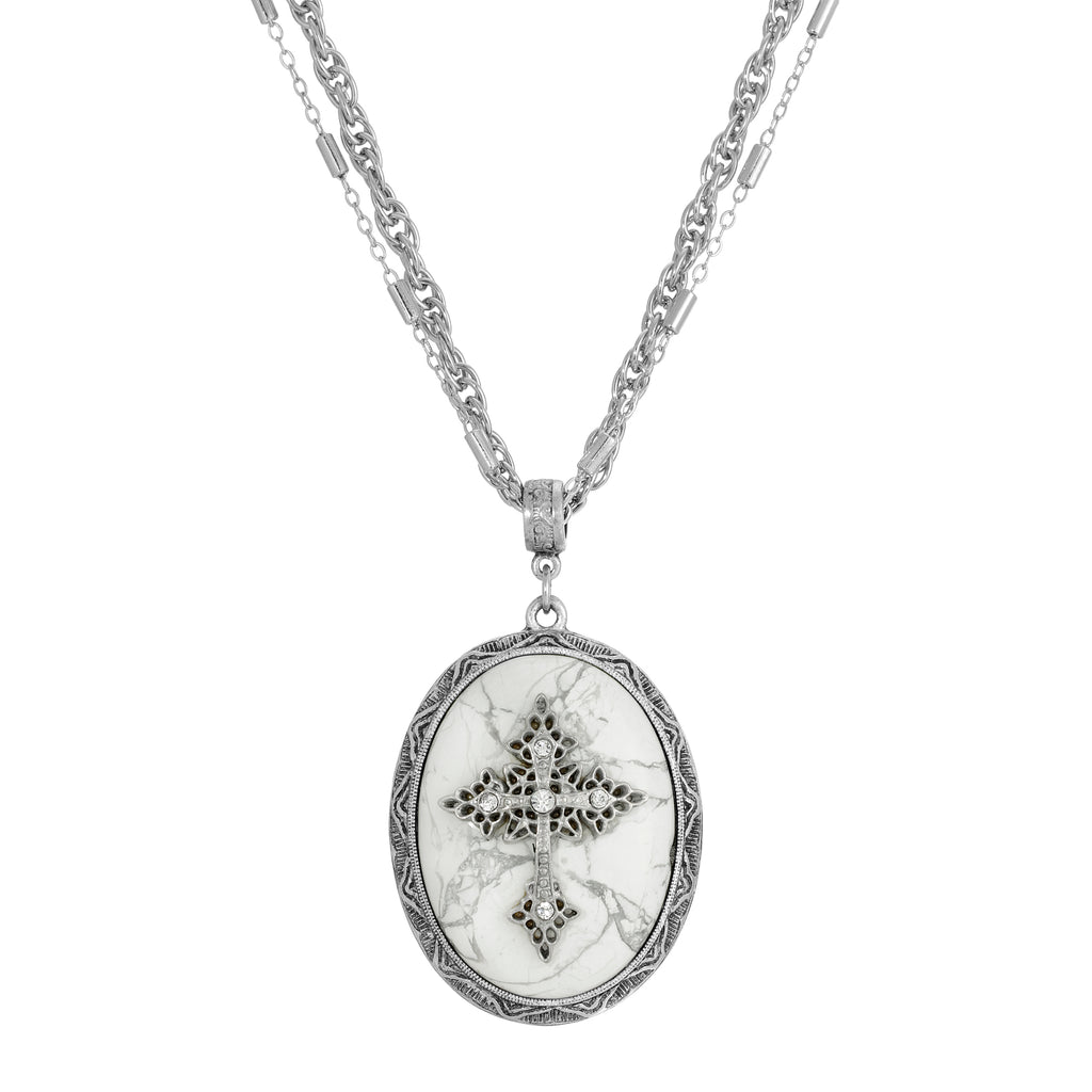 Multi Chain Oval Cross Pendant Necklace 18  21 Inch Adjustable