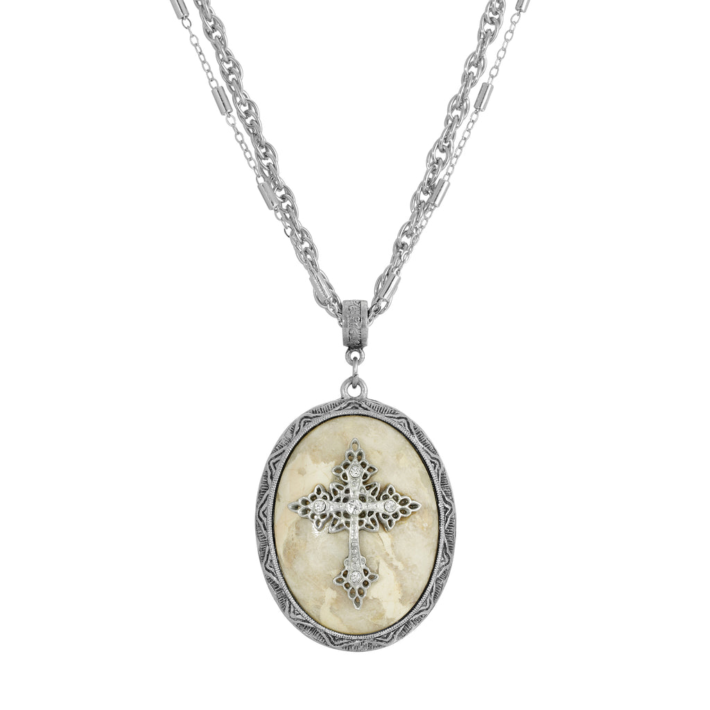 Multi Chain Oval Cross Pendant Necklace 18  21 Inch Adjustable