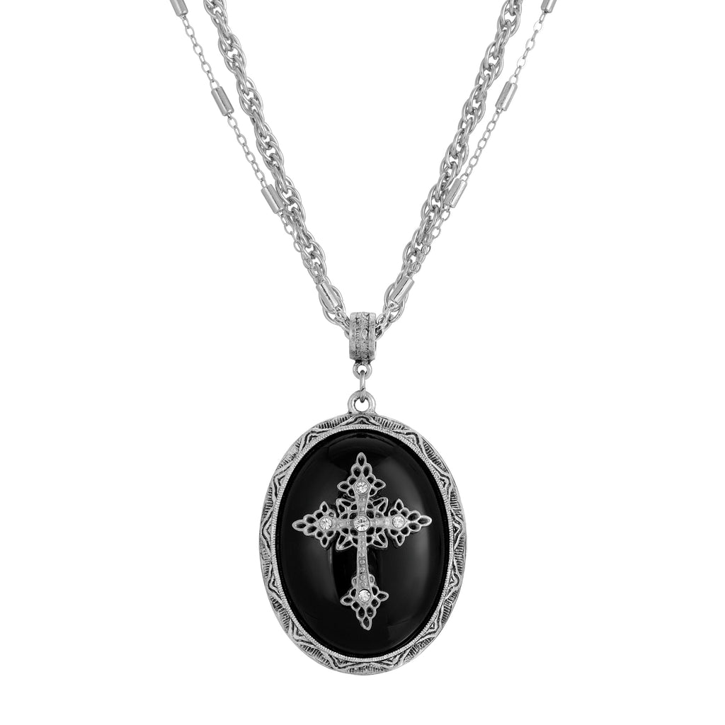 Black Multi Chain Oval Cross Pendant Necklace 18  21 Inch Adjustable