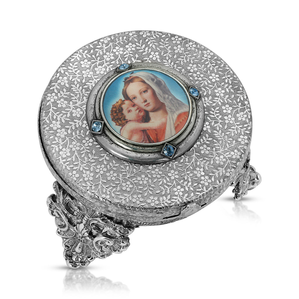 Light Sapphire Crystal and Oval Round Mary And Child Decal Rosary Locket