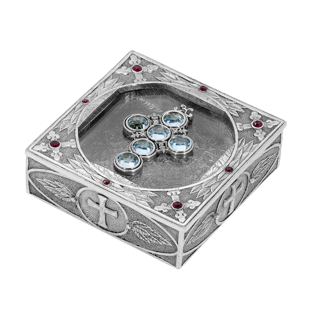 Light Blue Austrian Channel Crystal Cross And Leaf Pewter Rosary Box