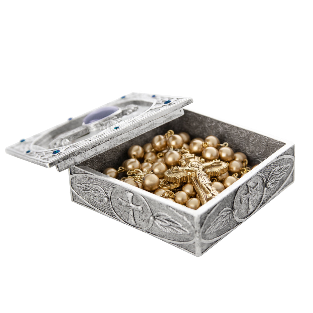 Ornate Cross And Leaf Pewter Rosary Box (Blue Lace)