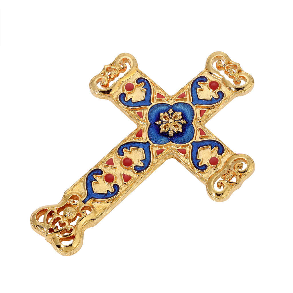 Gold Silver Antigua Enamel Cross & Heart Brooch