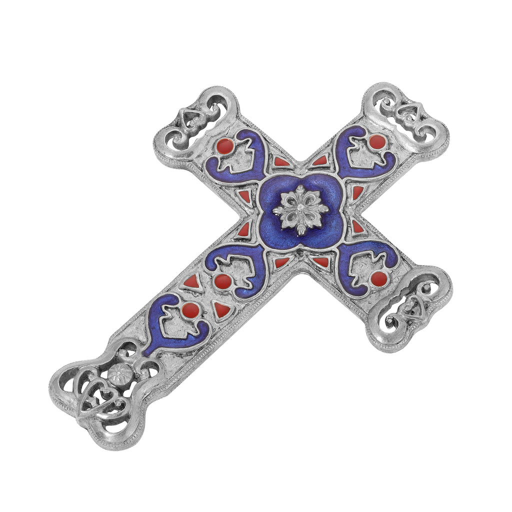 Silver Antigua Enamel Cross & Heart Brooch