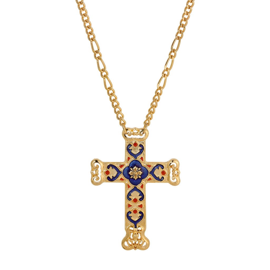 Gold Antigua Enamel Cross & Heart Pendant Necklace 28"L