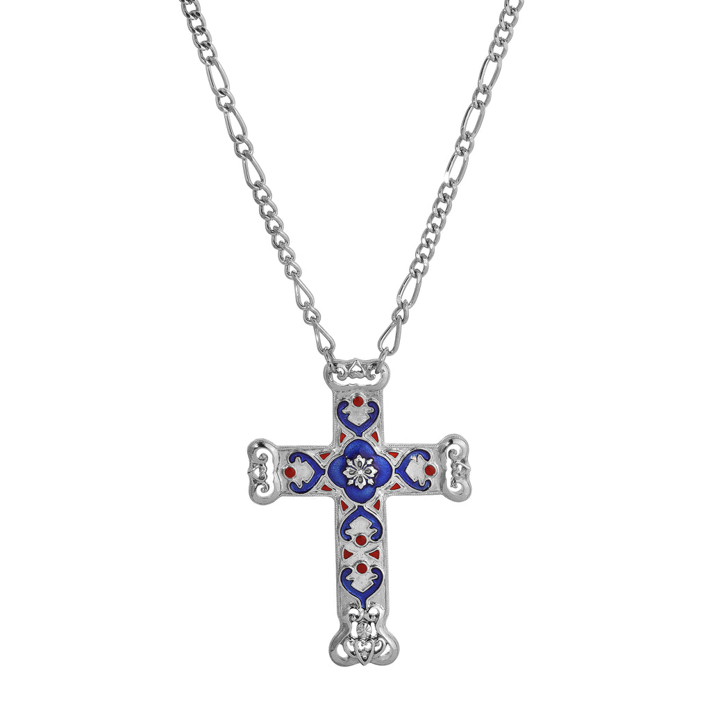 Silver Antigua Enamel Cross & Heart Pendant Necklace 28"L