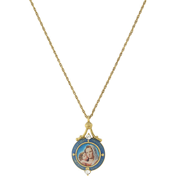 14K Gold Dipped Blue Enamel Mary And Child Pendant Necklace 16   19 Inch Adjustable