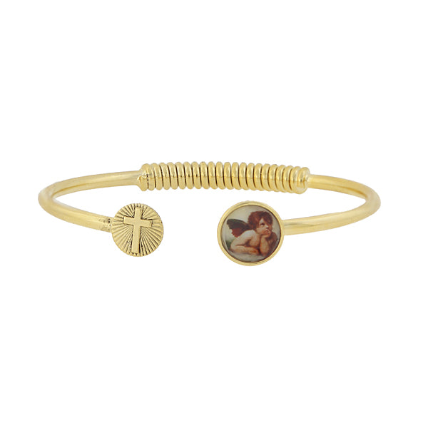 14K Gold Dipped Sping Hinge Bracelet With Cross And Cherub Decal Accent