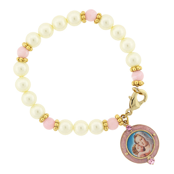 Faux Pearl Pink Bead Crystal Accent Mary And Child Charm Bracelet