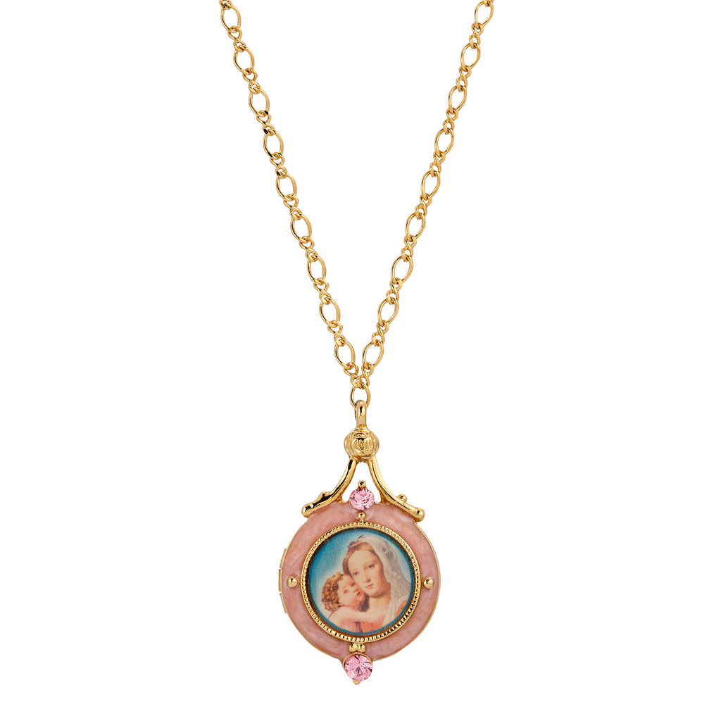 symbols of faithtm 14k gold dipped blue enamel mary and child locket necklace