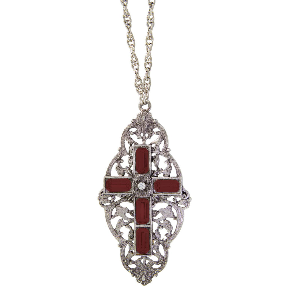 Pewter Color Stone Cross Necklace Red