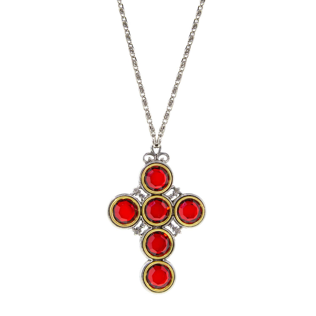 Pewter Color Crystal Cross Red