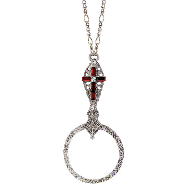 Pewter Crystal Cross Magnifier Necklace Red