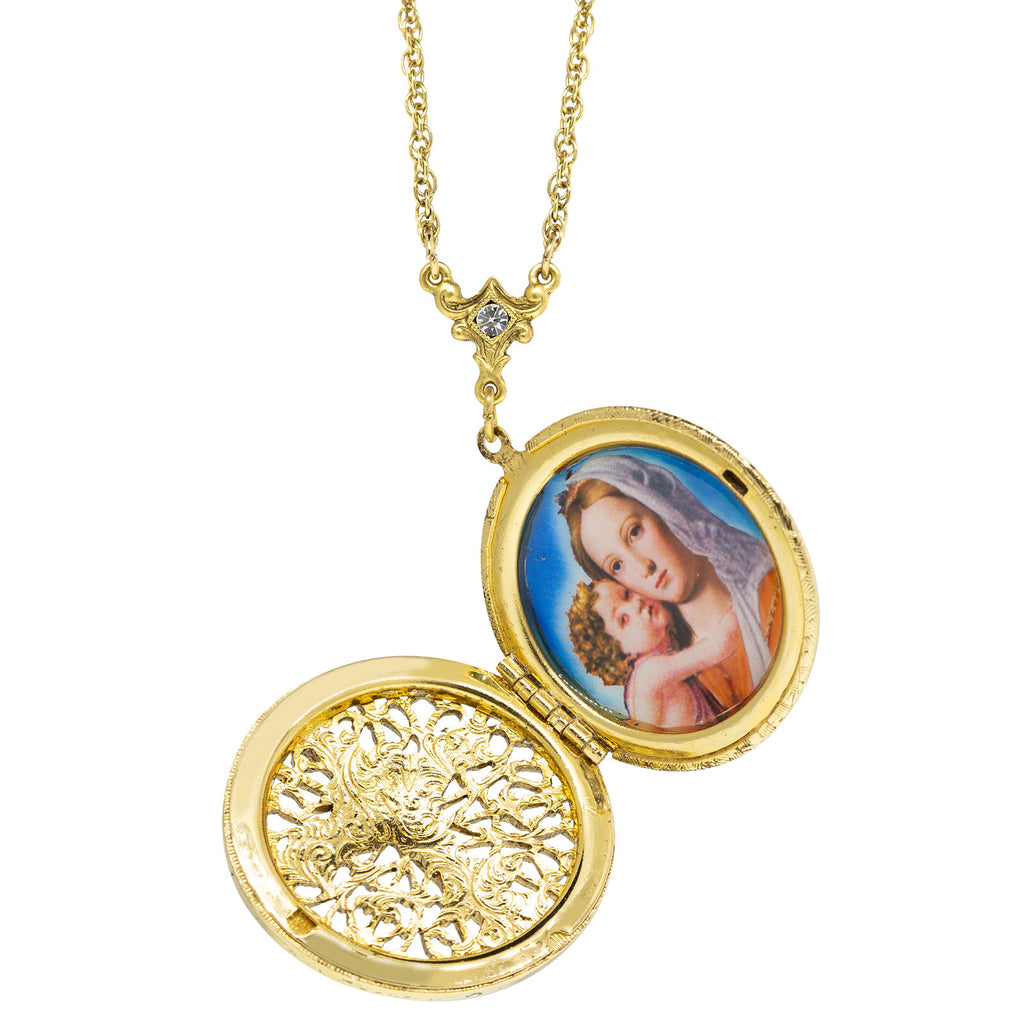Open Crystal Cross Mary And Child Locket Necklace 30 Inch