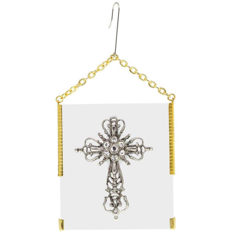 Symbols Of Faith Glass Vintage Style Filigree & Crystal Cross Christmas Tree Ornament