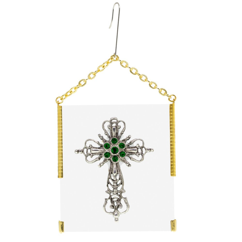  Cross Ornament With Green Crystals