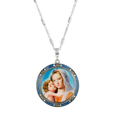 Round Blue Enamel Mary and Child Decal Necklace 30 Inch