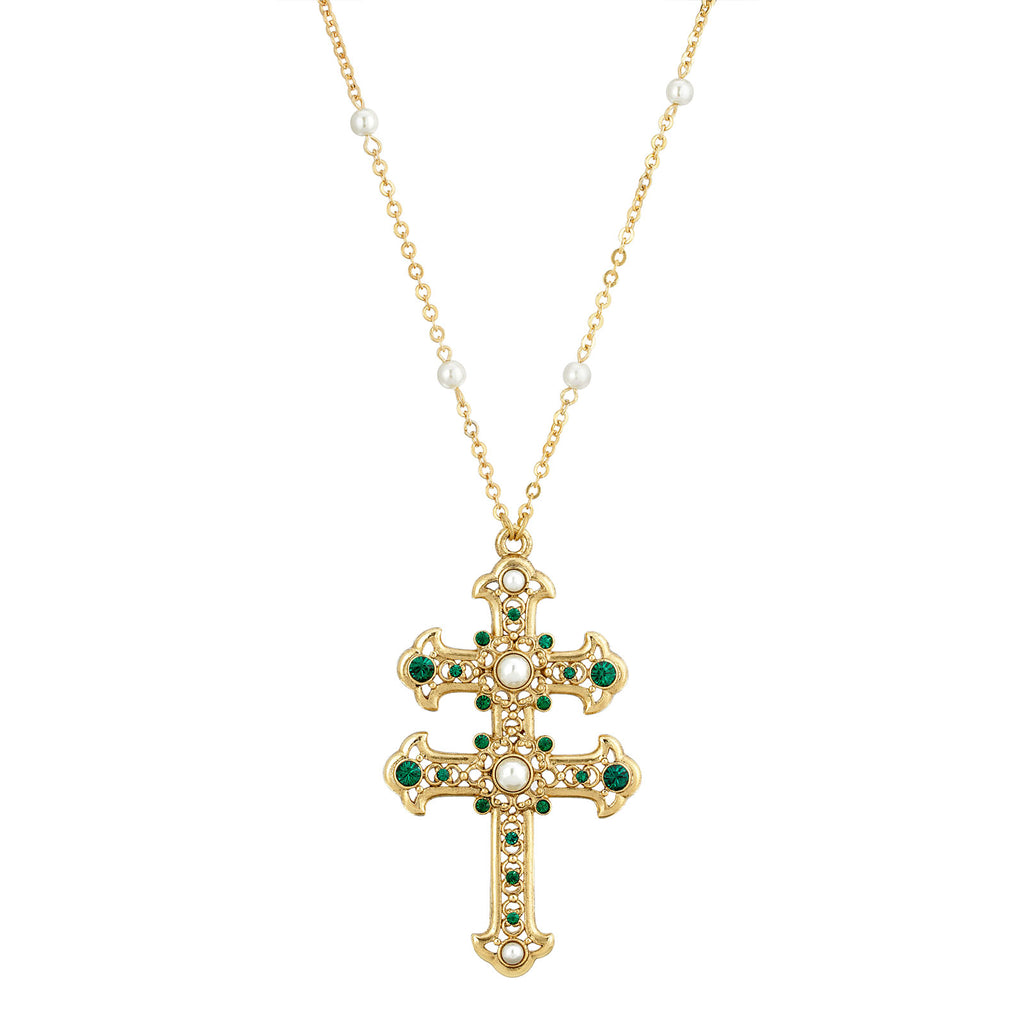Crystal and Faux Pearl Double Cross 30 Necklace