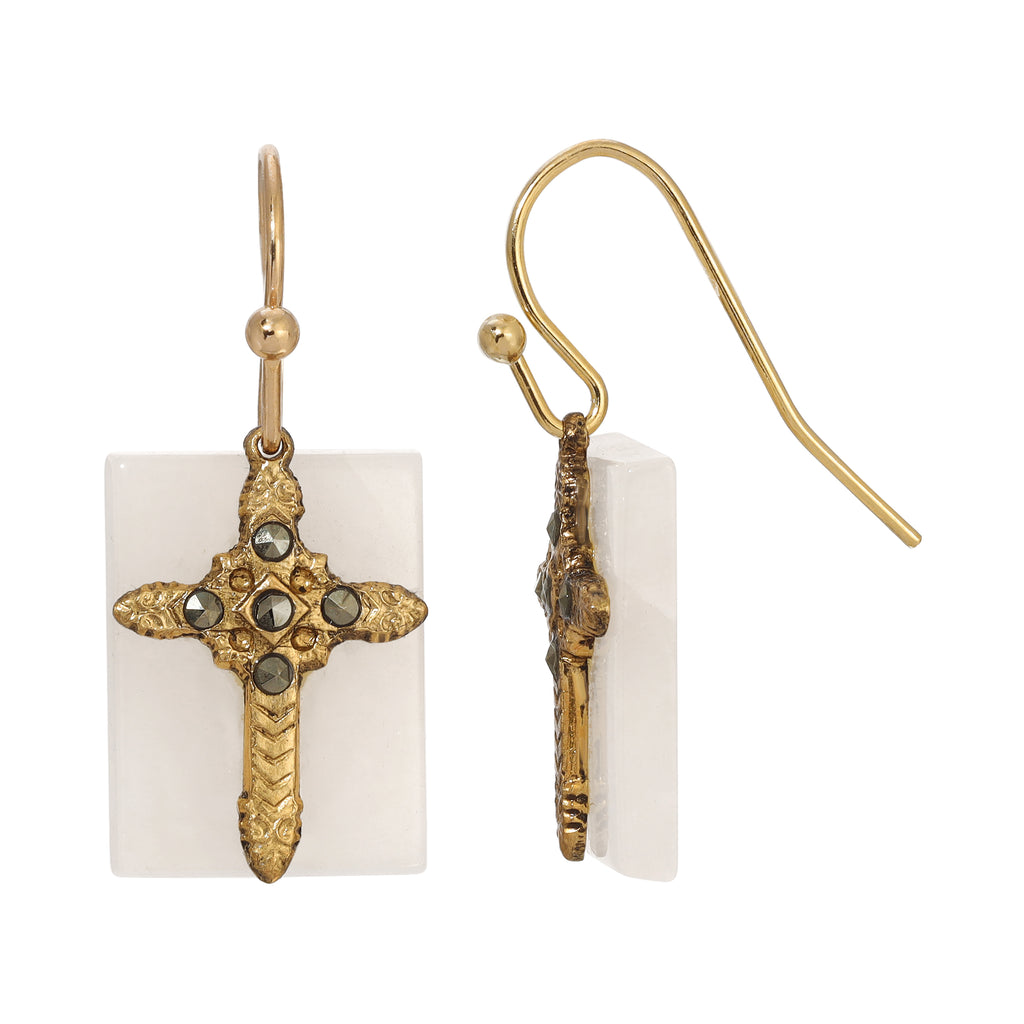 Rectangular Rose Quartz Gemstone Marcasite Stone Cross Drop Earrings