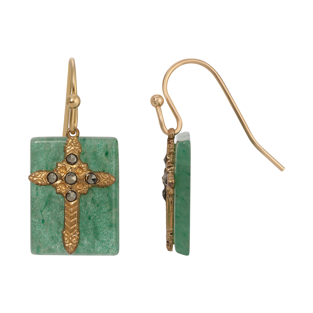 Rectangular Green Aventurine Gemstone Marcasite Stone Cross Drop Earrings