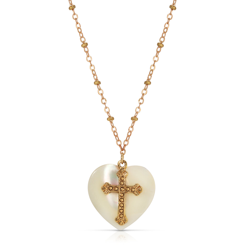 Mother Of Pearl Heart & Cross Pendant Necklace 16" + 3" Extender