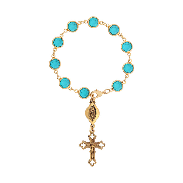 Symbols Of Faith Swarovski Element Blue Zircon Rosary Style Bracelet