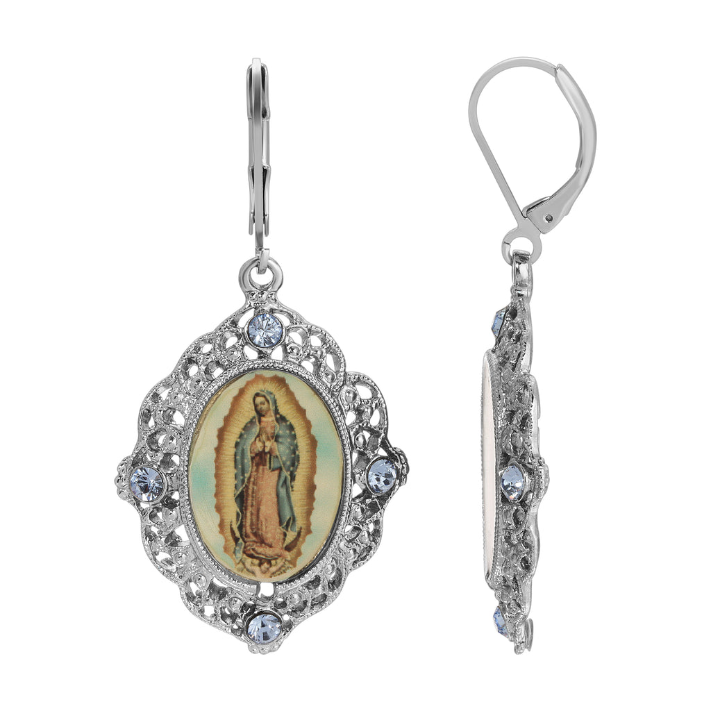Light Sapphire Blue Crystal Our Lady Of Guadalupe Drop Earrings