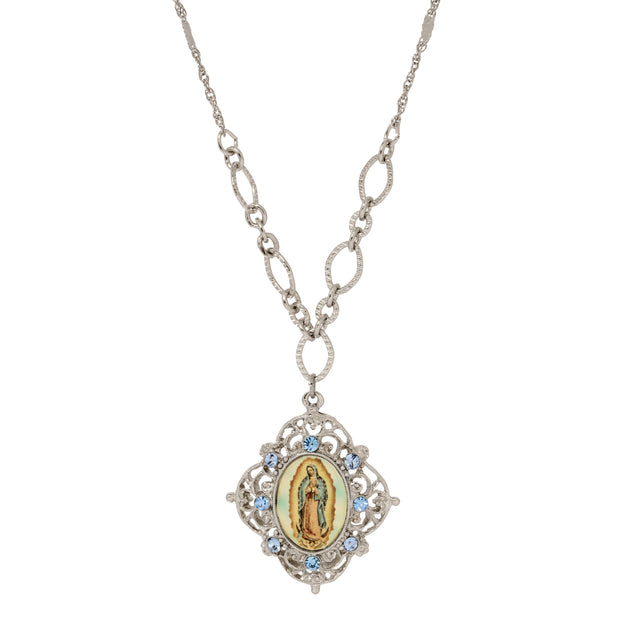 Light Sapphire Blue Crystal Our Lady Of Guadalupe Pendant Necklace 18"L