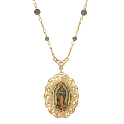 Our Lady Of Guadalupe Radiant Pendant Blue Bead Necklace 20"