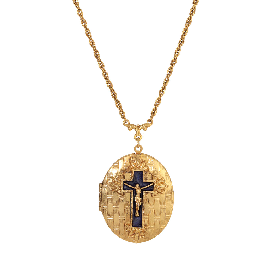 Blue Enamel Cross Textured Oval Locket Necklace 28"L