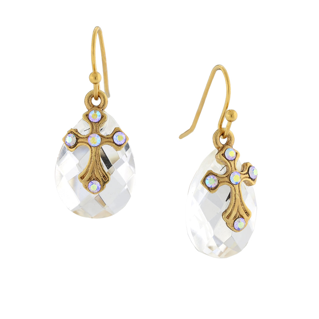 14K Gold Dipped Crystal Ab Briolette Cross Drop Earrings