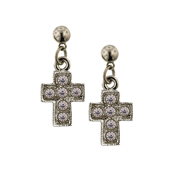 Silver Tone Crystal Cross Drop Earrings