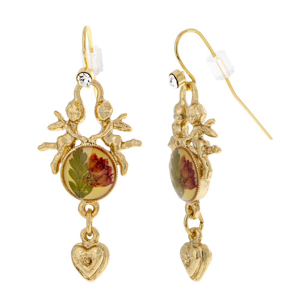 A gorgeous combination of the most ancient religious symbols, these earrings features two winged angels touching a tiny clear crystal, above a red round floral decal with dangling hearts below, all dipped in 14K gold. 