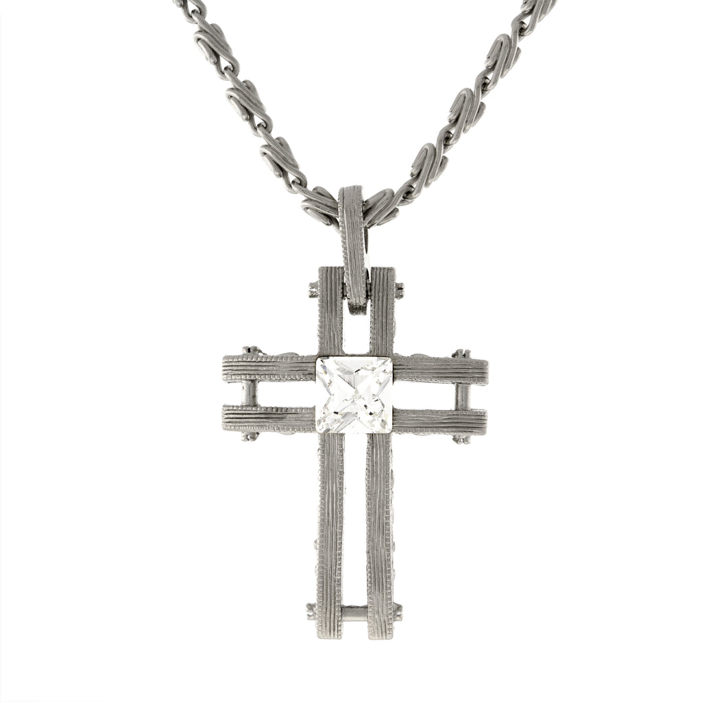 Square Austrian Crystal Cross Pendant Necklace 18"