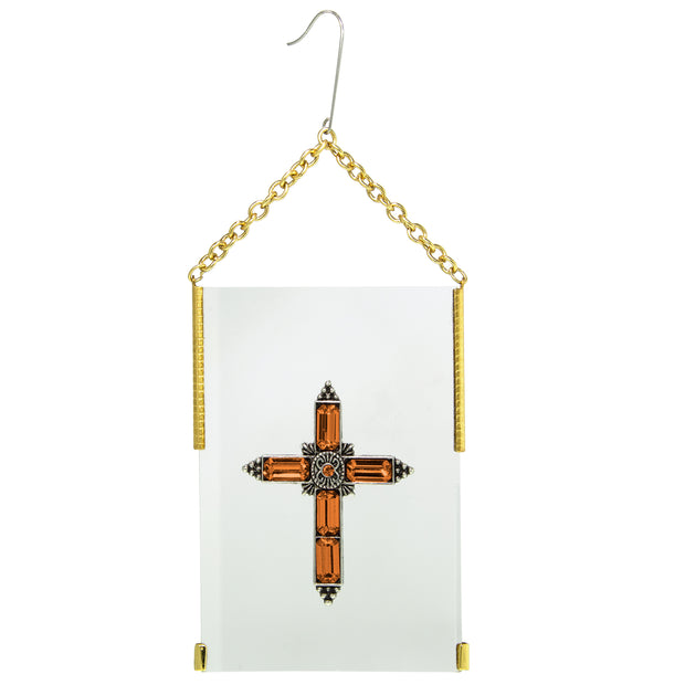 Gold Tone Crystal Cross Glass Hanging Ornament Green