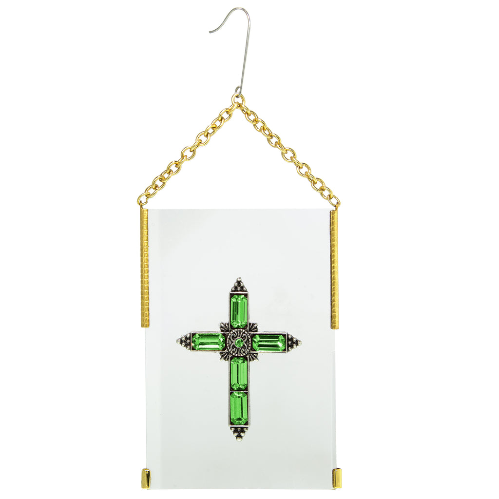 Gold Tone Crystal Cross Glass Hanging Ornament Blue