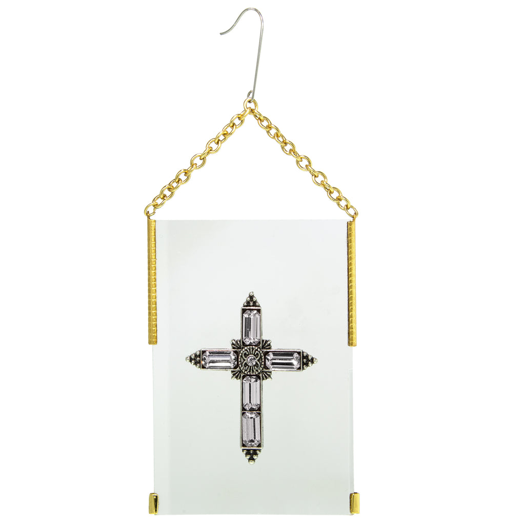 Gold Tone Crystal Cross Glass Hanging Ornament Purple