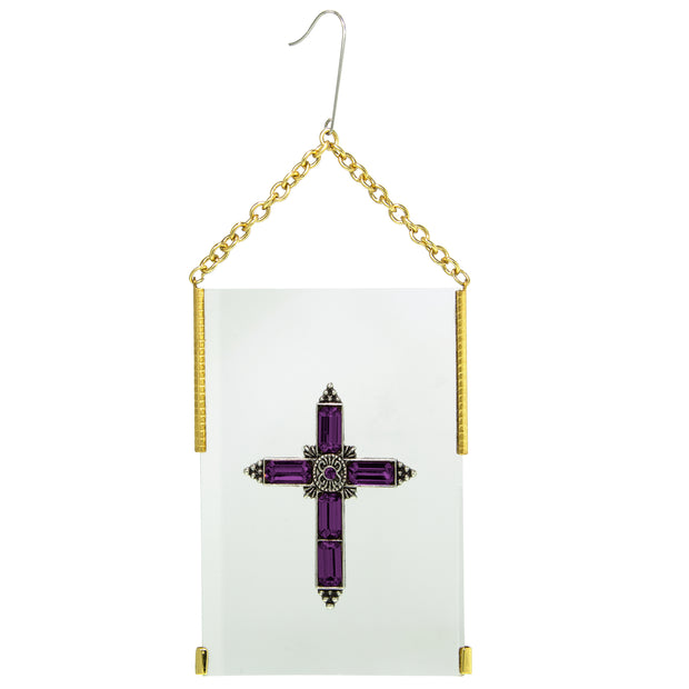 Gold Tone Pink Crystal Cross Glass Hanging Ornament
